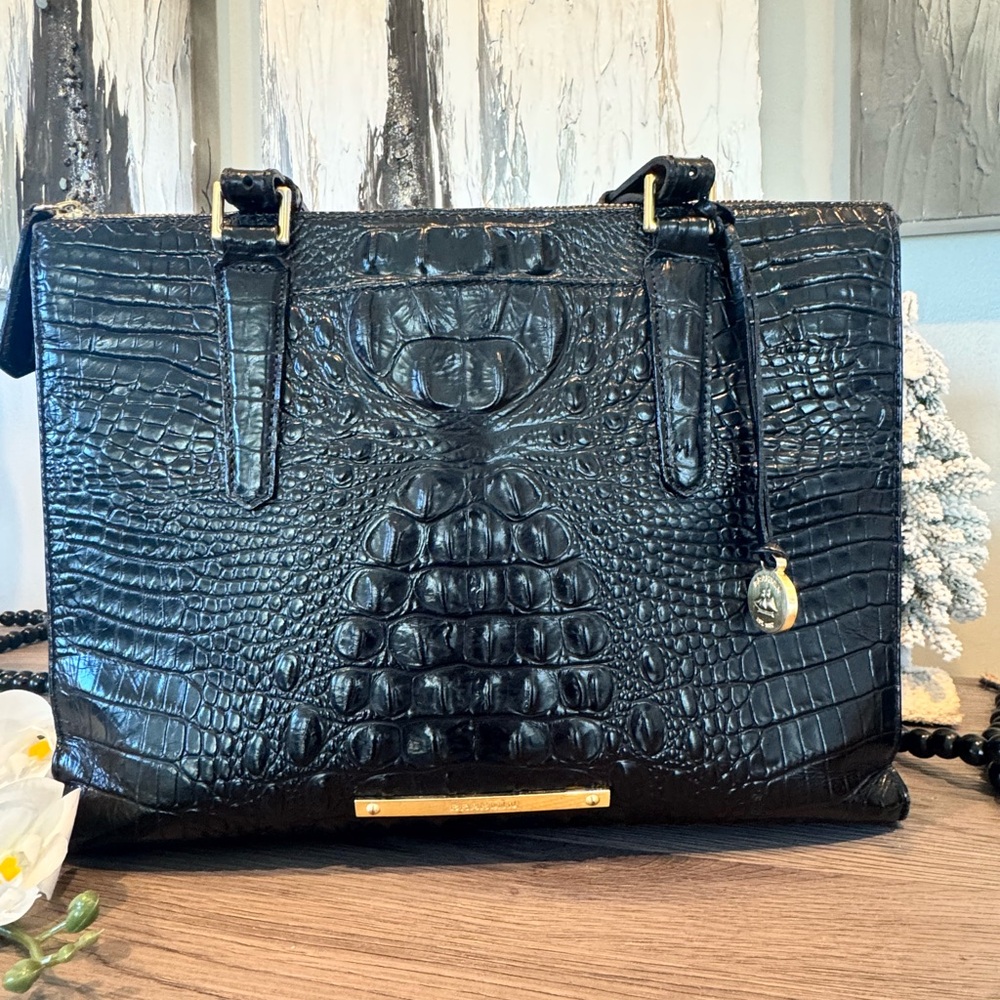 Brahmin Black Crocodile-Embossed Satchel
